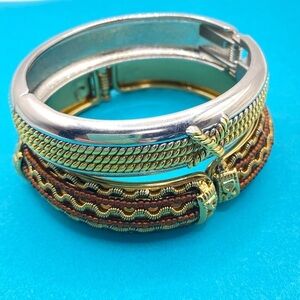 Clamper Hinged Bracelet Bangles Pair Textured Silver & Gold